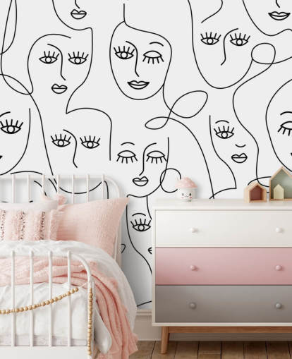 dessin au trait noir et blanc de visages de femmes papier peint