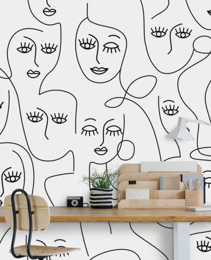 black and white line art of womens faces wallpaper