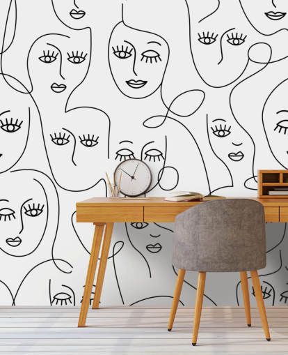 zwart-wit lijnkunst van vrouwengezichten behang