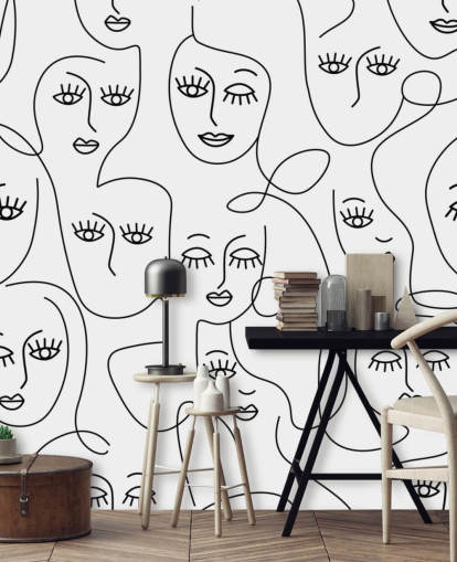 sort og hvid linje kunst af kvinders ansigter tapet