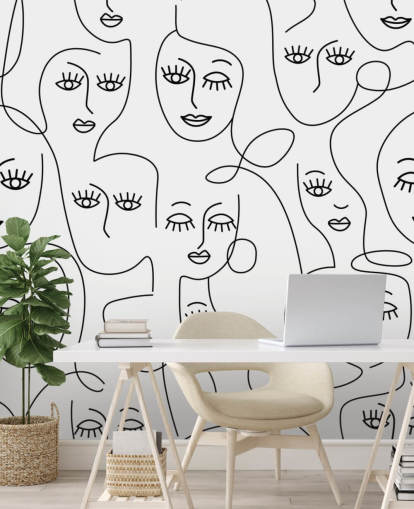 black and white line art of womens faces wallpaper