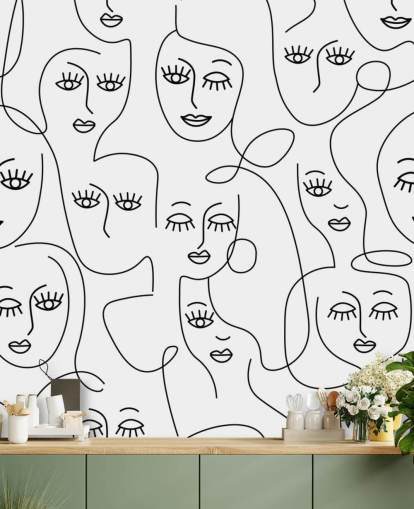arte de línea en blanco y negro de papel tapiz de caras de mujer