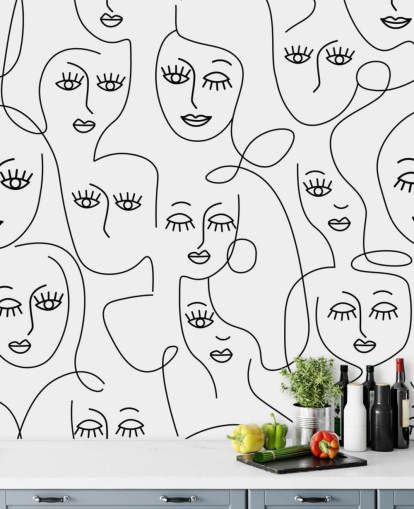 arte de línea en blanco y negro de papel tapiz de caras de mujer