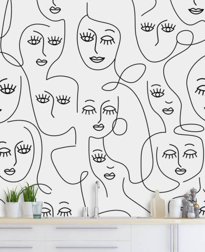 black and white line art of womens faces wallpaper