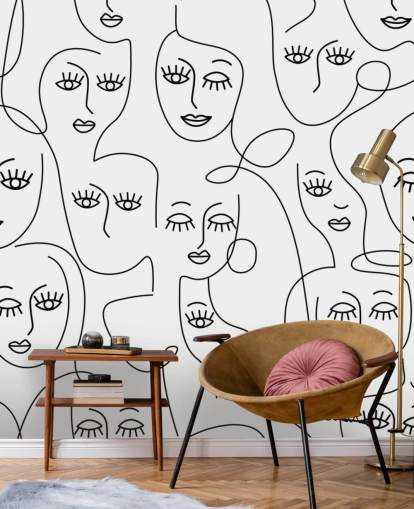 black and white line art of womens faces wallpaper