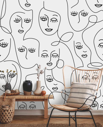 arte de linha preta e branca de rostos femininos papel de parede