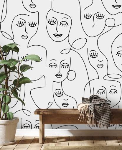 black and white line art of womens faces wallpaper