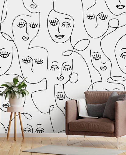 arte de linha preta e branca de rostos femininos papel de parede