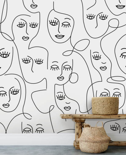 svart og hvit linje kunst av kvinners ansikter tapet