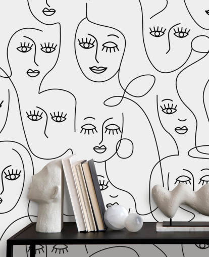 black and white line art of womens faces wallpaper