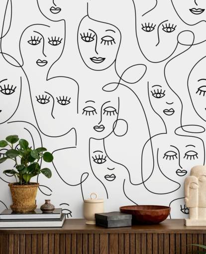 black and white line art of womens faces wallpaper