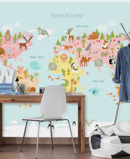 pastel toned animals world map wallpaper
