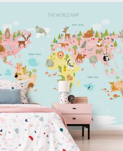 pastel toned animals world map wallpaper
