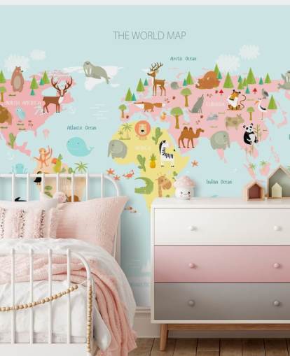 pastel toned animals world map wallpaper
