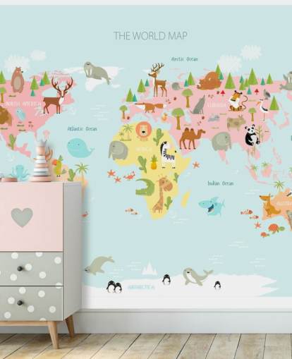 pastel kleurige dieren wereldkaart behang