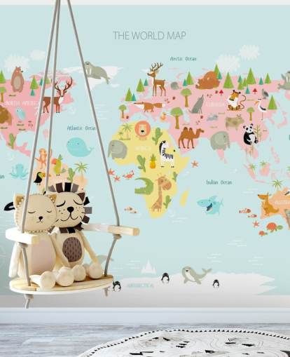 fond d'écran carte du monde animaux aux tons pastel