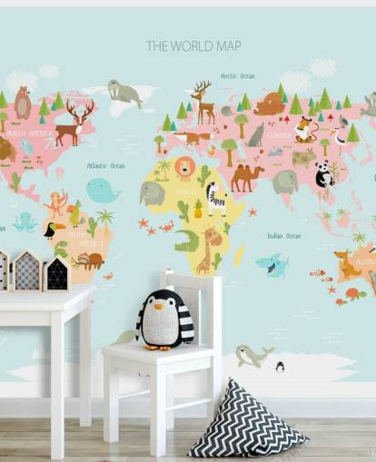 pastel toned animals world map wallpaper