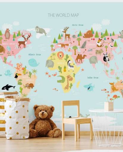 pastel toned animals world map wallpaper