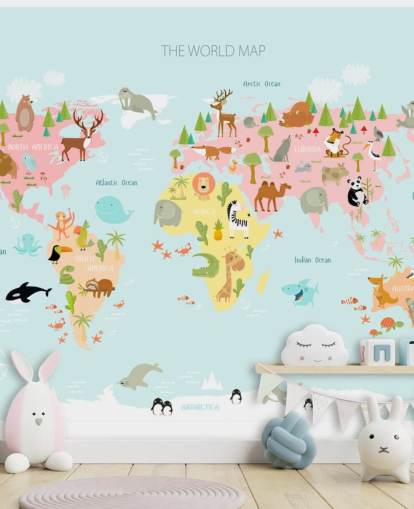 carta da parati con mappa del mondo di animali pastello