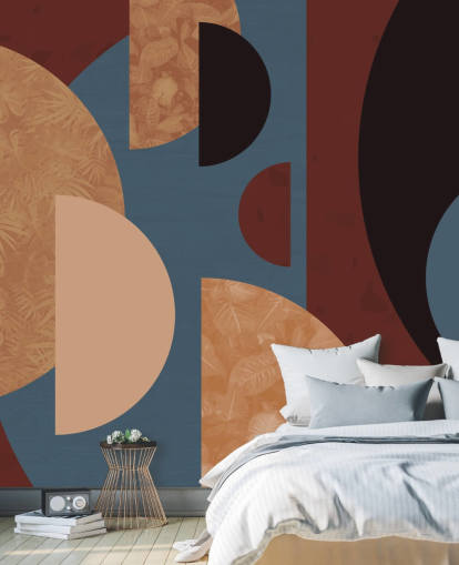 papel pintado de formas terracota, naranja y azul