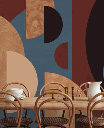 terracotta, oranje en blauwe vormen behang