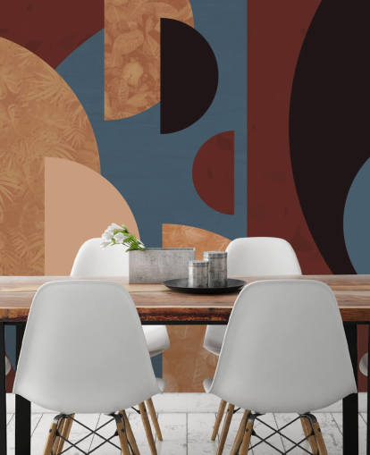 papel pintado de formas terracota, naranja y azul