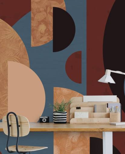 papel pintado de formas terracota, naranja y azul