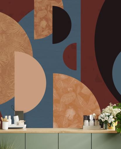 terracotta, oranje en blauwe vormen behang