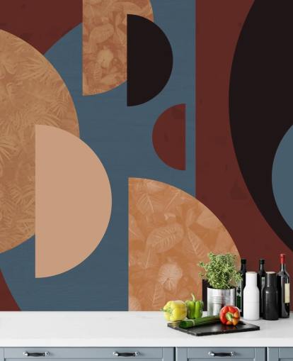 papel pintado de formas terracota, naranja y azul
