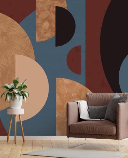 papel pintado de formas terracota, naranja y azul