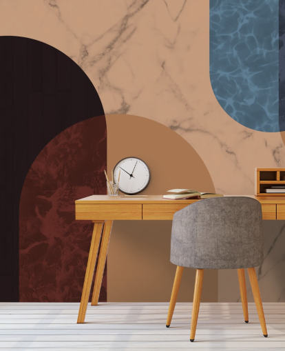 papel pintado en forma de bauhaus naranja, rojo y azul