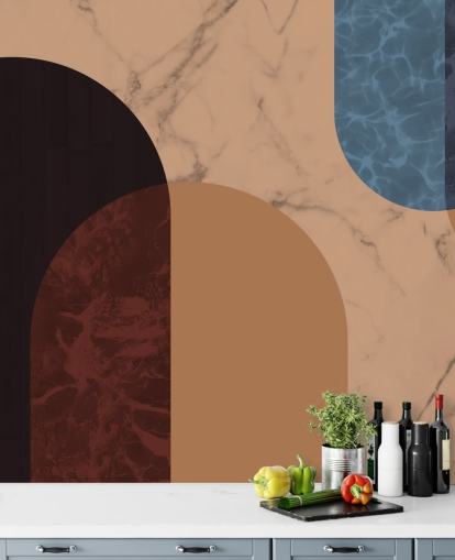 papel pintado en forma de bauhaus naranja, rojo y azul