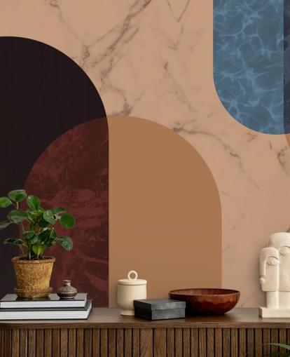 carta da parati a forma di bauhaus arancione, rosso e blu