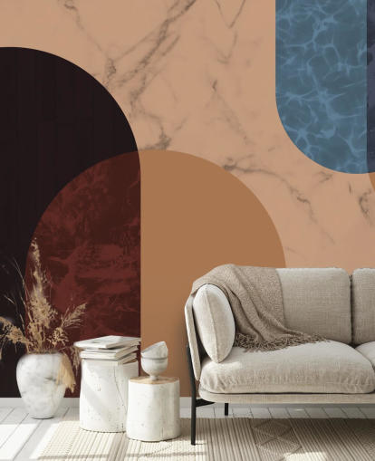 papel pintado en forma de bauhaus naranja, rojo y azul