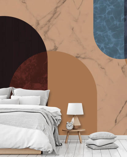 papel pintado en forma de bauhaus naranja, rojo y azul