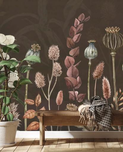 bruin, oranje botanisch behang van Sir Edward