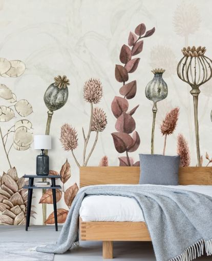 papier peint fleurs orange brûlé, marron et crème