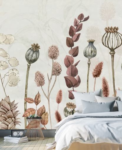 papier peint fleurs orange brûlé, marron et crème