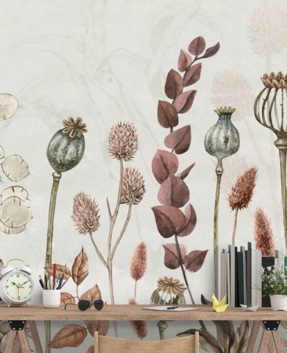 papier peint fleurs orange brûlé, marron et crème