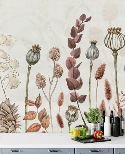 papier peint fleurs orange brûlé, marron et crème