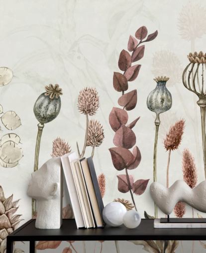 papel pintado de flores de color naranja quemado, marrón y crema