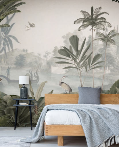 leafy green jungle with leopards wallpaper mural called Green Leopard Landscape by Sir Edward for bedrooms and hallways