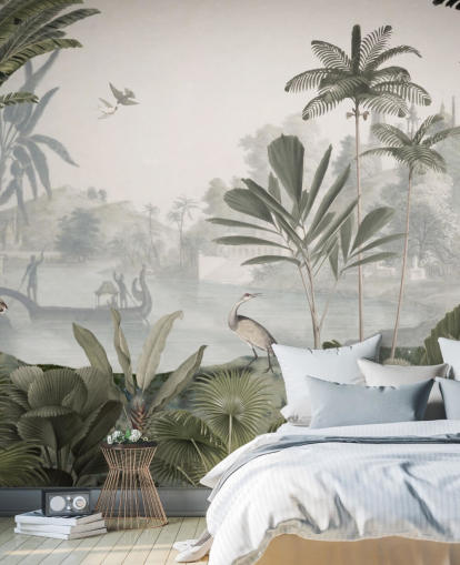 mural de papel pintado de jungla verde frondosa con leopardos llamado Green Leopard Landscape de Sir Edward para dormitorios y pasillos