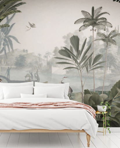 murale di carta da parati con giungla verde frondosa con leopardi chiamato Green Leopard Landscape di Sir Edward per camere da letto e corridoi