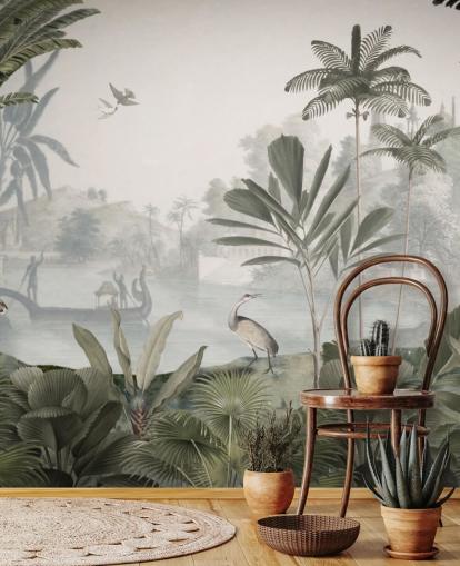 mural de papel de parede de selva verde frondosa com leopardos chamado Green Leopard Landscape de Sir Edward para quartos e corredores mural de papel de parede de selva verde frondosa com leopardos chamado Green Leopard Landscape de Sir Edward para quartos e corredores