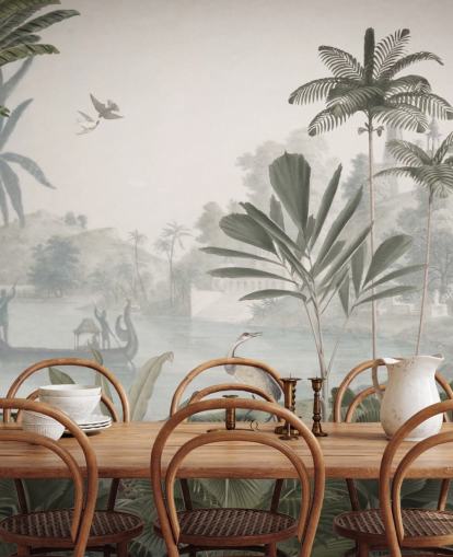 murale di carta da parati con giungla verde frondosa con leopardi chiamato Green Leopard Landscape di Sir Edward per camere da letto e corridoi