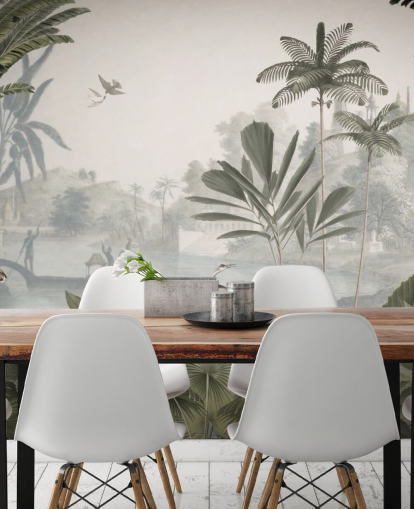 leafy green jungle with leopards wallpaper mural called Green Leopard Landscape by Sir Edward for bedrooms and hallways