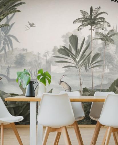 mural de papel pintado de jungla verde frondosa con leopardos llamado Green Leopard Landscape de Sir Edward para dormitorios y pasillos