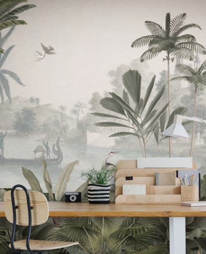 murale di carta da parati con giungla verde frondosa con leopardi chiamato Green Leopard Landscape di Sir Edward per camere da letto e corridoi