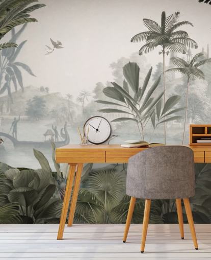 mural de papel pintado de jungla verde frondosa con leopardos llamado Green Leopard Landscape de Sir Edward para dormitorios y pasillos